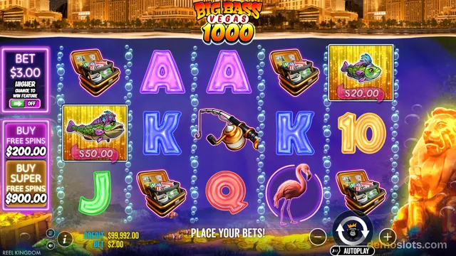 A 5x3 grid of a slot game titled Big Bass Vegas 10000 displaying various symbols against an underwater background with a city skyline above.