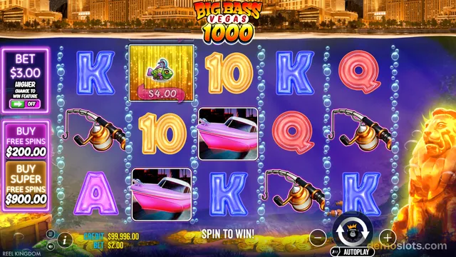 A slot game screen titled 'Big Bass Vegas 1000' displays a 5x3 grid of symbols including fishing reels, boats, and letters, with a lion statue on the right side.