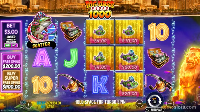 A screenshot of the Big Bass Vegas 1000 slot game showing a 5x3 grid with a mix of fish symbols, playing card letters, fishing rods, and suitcases.