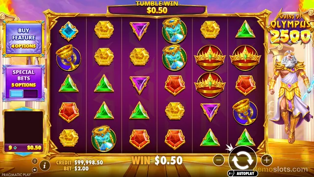 A 5x5 video slot game grid displaying various symbols against a purple background, with a Greek god character on the right and a win of $0.50 shown at the bottom.
