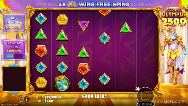 A slot machine screen shows a grid of gem symbols on a purple background with a bearded god figure standing to the right and a 'GOOD LUCK!' message at the bottom.