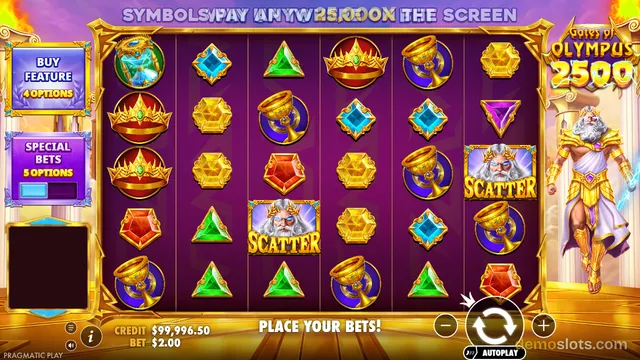 A 6x5 video slot grid from the game Gates of Olympus 2500 displaying various symbols including gems, crowns, and a Zeus scatter on a purple background.