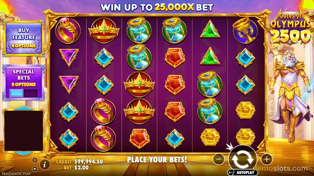 A fully rendered slot game screen titled Gates of Olympus 2500 featuring a 6x5 grid of symbols and a Greek deity figure on the right.