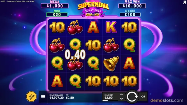 A 5x4 slot game grid showing a win of 0.40 with cherries, 10s, A, K, Q, and a bell symbol.
