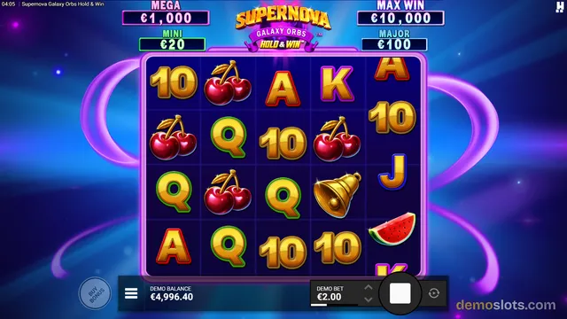 A 5x4 slot grid titled Supernova Galaxy Orbs Hold & Win displays symbols like cherries, 10, A, K, Q, a bell, and a watermelon against a blue and purple cosmic background.