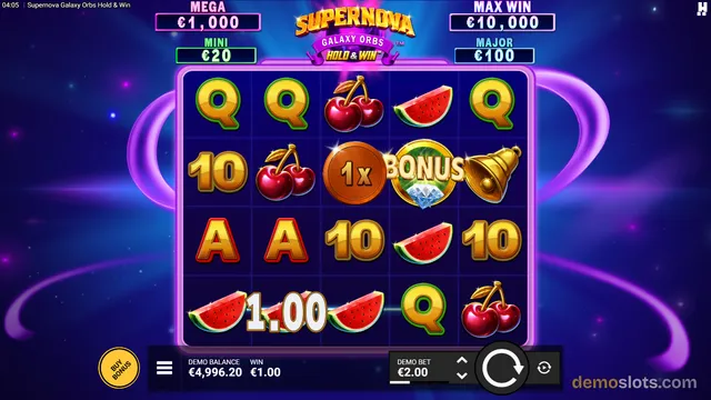 A 5x4 slot game grid with fruit symbols and a win of 1.00 on the bottom row.