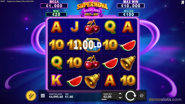 A 5x4 slot game grid titled Supernova Galaxy Orbs Hold & Win shows a winning line of three 10 symbols with a white 10.00OLD overlay, surrounded by fruit and letter symbols.