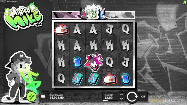 A screenshot of the Minted Mike slot game featuring a 5x4 grid of symbols on a graffiti-themed background with a demo balance of €4,992.00.