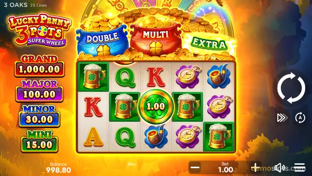 A Lucky Penny 3 Pots slot game shows a 5x3 reel grid with symbols like beer mugs, letters, a pocket watch, a pipe, and a central coin, surrounded by three pots of gold labeled DOUBLE, MULTI, and EXTRA.