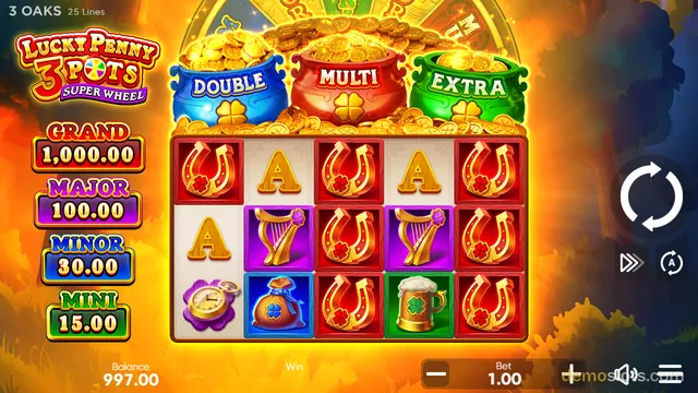 A bright, fully rendered 5x3 slot grid with Irish-themed symbols, three overflowing pots of gold labeled DOUBLE, MULTI, and EXTRA above the reels, and jackpot values on the left side.