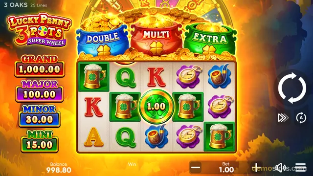 Brightly rendered slot game with three pots of gold above a 5x3 reel grid showing beer mugs, letters, and lucky symbols, with jackpot labels on the left and a spin button on the right.