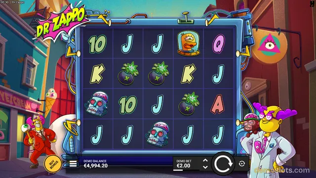 A 5x4 slot game grid titled Dr. Zappa shows a fully rendered base game with various symbols including a character in a glass capsule, spiky plants, robot heads, and letter symbols.
