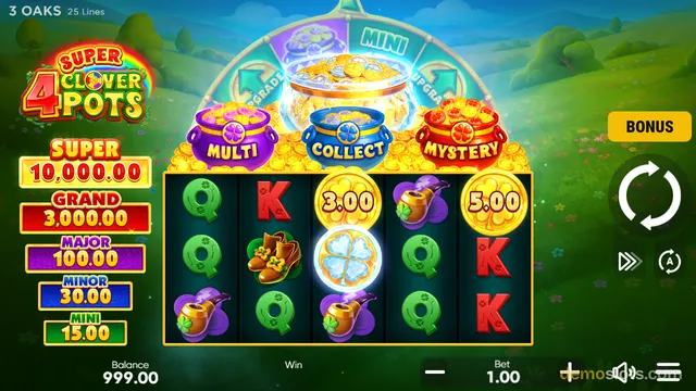 A slot game titled Super 4 Clover Pots shows a 5x3 reel grid with symbols including Q, K, a glowing four-leaf clover, gold coins, a gold pot, and a purple pot, set against a green landscape background.