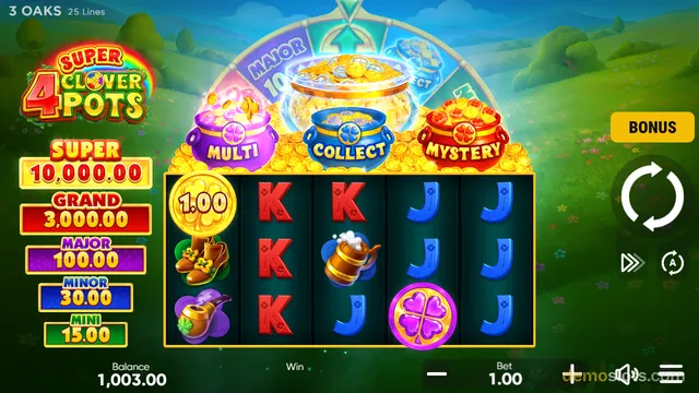 A slot game titled Super 4 Clover Pots shows a 5x3 grid with symbols including a gold coin, a golden horseshoe, a smoking pipe, a K, a beer mug, and a J, with a bonus wheel and four pots above the reels.