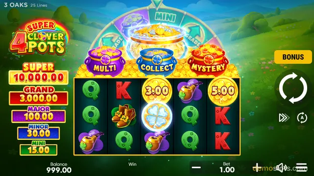 A 5x3 slot grid with four pots of gold above it, showing coin symbols with values 3.00 and 5.00, and a four-leaf clover symbol.