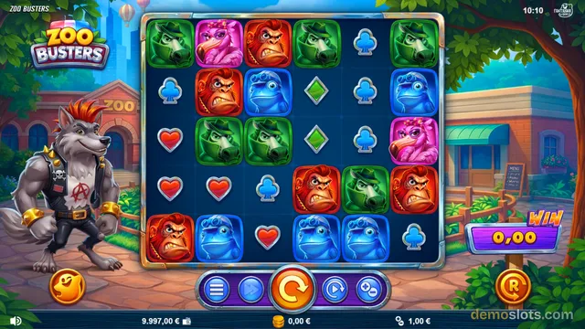 A slot game grid with cartoon animal symbols and a wolf mascot beside it.