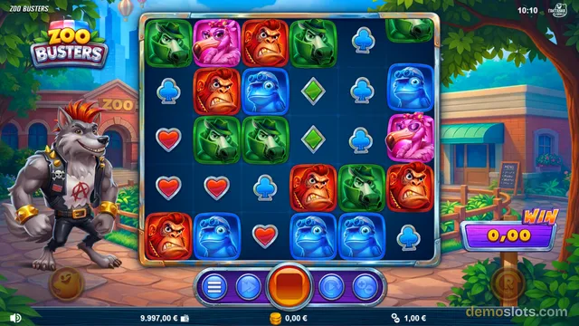 A slot game titled Zoo Busters shows a 5x6 grid of cartoon animal symbols with a wolf mascot on the left and a win display at the bottom right.