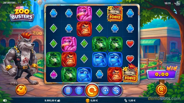 A slot game titled Zoo Busters shows a 6x6 grid of cartoon animal symbols on a dark blue background, with a punk wolf mascot standing to the left and a WIN display showing 0.00.