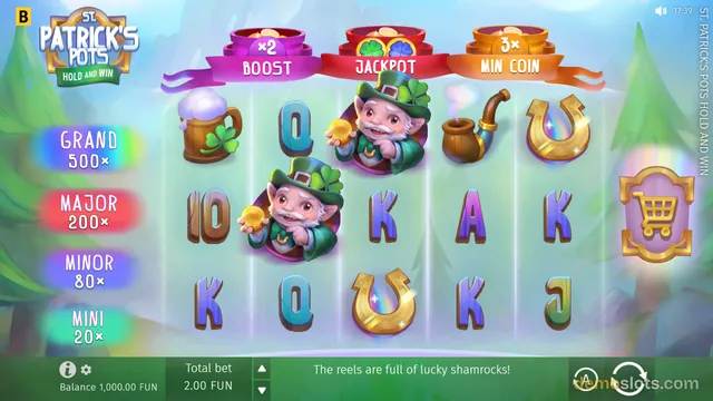 A St. Patrick's Day themed slot machine screen displays a 5x3 grid of reels with leprechaun characters, horseshoes, and playing card symbols.