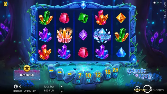 A 5x3 slot grid displays various colorful crystals and a Wild symbol in a dark, mystical forest setting.