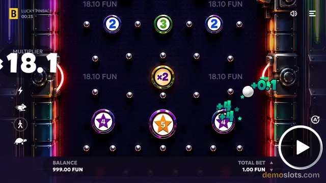 A pinball-style slot game board with numbered and multiplier targets, showing a multiplier of 18.1 and a win of 0.51.