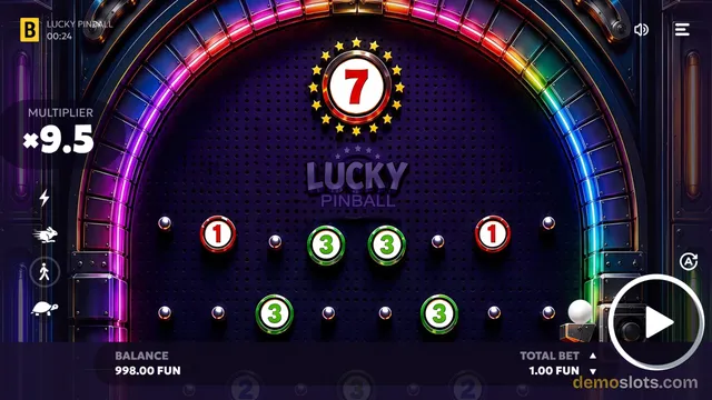 A pinball-style slot game titled Lucky Pinball shows a purple playfield with numbered targets and a current multiplier of 9.5.