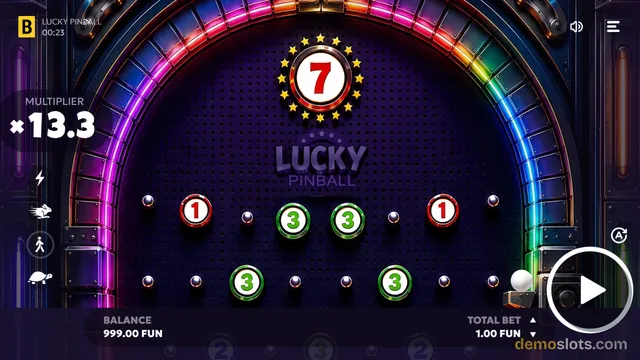A pinball-themed slot game titled Lucky Pinball shows a dark purple board with a large red 7 symbol at the top and several 1 and 3 symbols in play, with a multiplier of 13.3 displayed on the left.