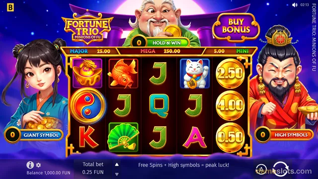 A slot game screen titled Fortune Trio: Minions of Fu featuring a 5x3 grid of symbols including dragons, koi, and yin-yang signs, flanked by two cartoon characters.
