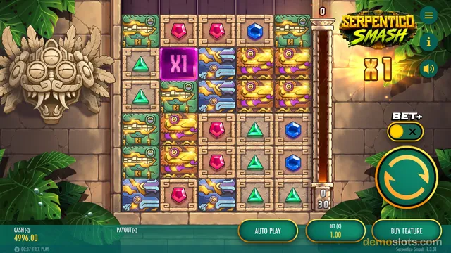 A 5x5 grid of stone-carved slot symbols sits between a large carved mask on the left and a progress meter on the right, with the title Serpentico Smash at the top and green control buttons at the bottom.