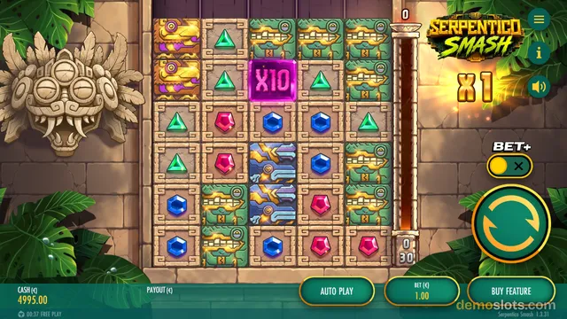 A slot game grid with gemstones and serpent symbols, showing a multiplier of x10 in the center and a round spin button on the right.