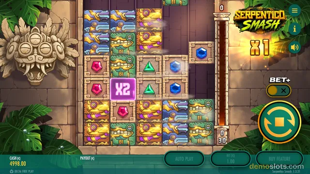 A slot game titled Serpentico Smash shows a 5x5 grid of stone block symbols with a pink X2 multiplier in the center, set against a jungle temple backdrop.