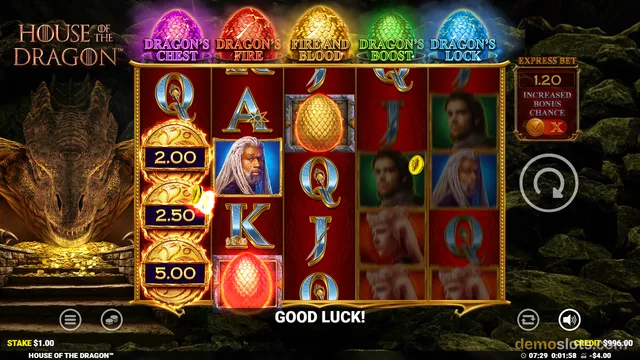 A screenshot of the House of the Dragon slot game showing a 5-reel grid with a win highlighted on the leftmost reel and a 'GOOD LUCK!' message at the bottom.