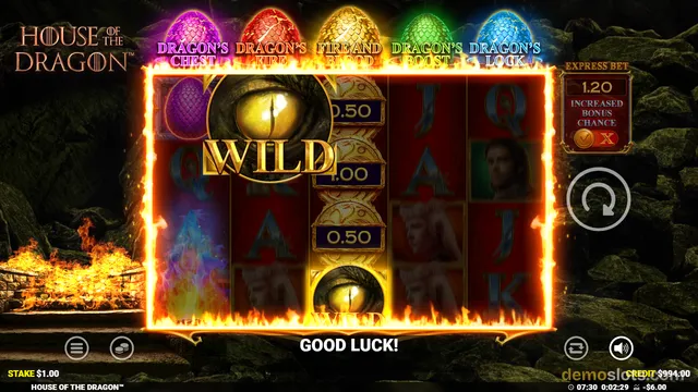 A slot game screen for 'House of the Dragon' showing a 5-reel grid with a large central 'WILD' dragon eye symbol and a fire-themed overlay.