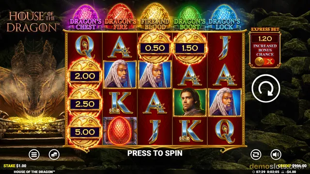 A slot game screen titled House of the Dragon featuring a 5x3 grid of symbols, including playing cards, character portraits, and golden coins, with a dragon head visible in the background.