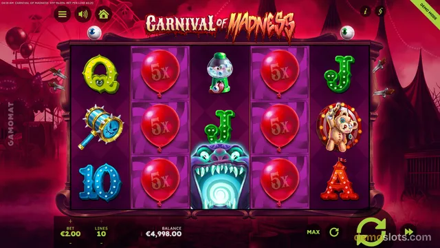 A 5x3 slot grid titled Carnival of Madness is shown with various symbols including red balloons marked 5x, letter tiles, a clown, and a monster mouth, with a bet of 2.00 and balance of 4,998.00.