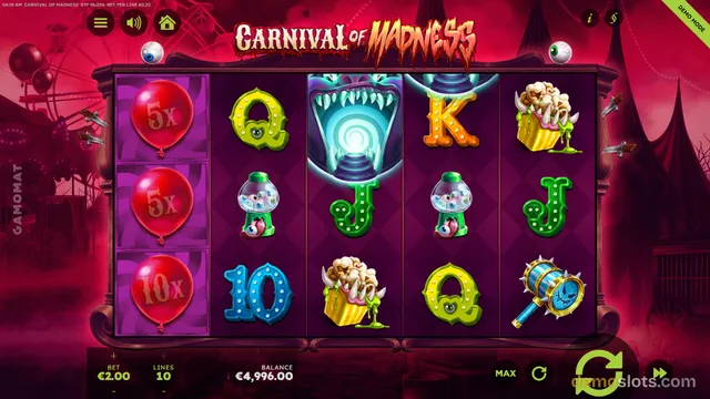 A 5x3 slot game grid titled Carnival of Madness is displayed with symbols including red balloons, letters, a monster mouth, popcorn, and a spiked roller.