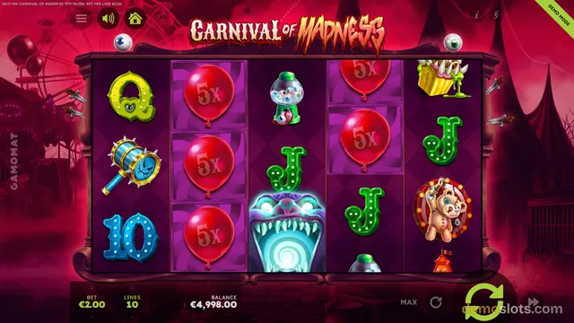 A settled 5x3 reel grid from the slot game Carnival of Madness, showing symbols like red balloons, a monster face, and letters.