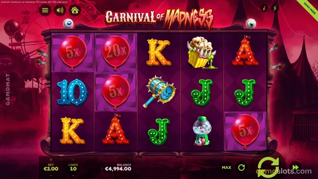 A 5x3 slot grid titled Carnival of Madness shows red balloons with multipliers, letters K, A, 10, and J, a popcorn bucket, a spiked mallet, and a candy jar on a dark red background.
