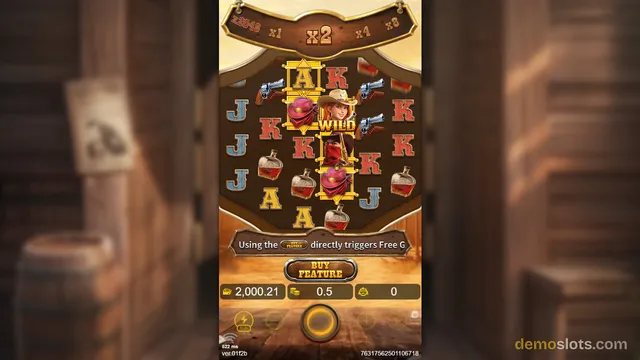 A western-themed slot game shows a 5x4 grid of symbols including a cowgirl wild, revolvers, red hats, and bottles, with multipliers displayed above and a buy feature button below.