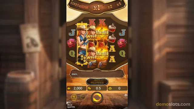 A western-themed slot game shows a 5x3 reel grid with cowboy characters, scattered wild symbols, and a round spin button at the bottom.