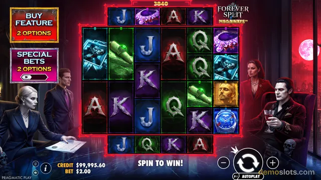 A slot game grid with vampire characters around it, showing letters A, K, Q, J and symbols like a ring, a clock, and a portrait.