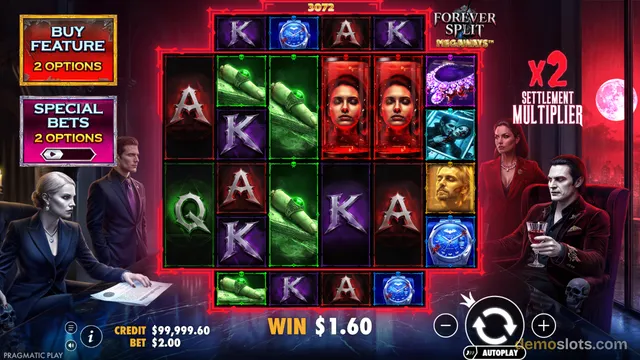 A slot game called Forever Split Megaways with a vampire theme shows a settled reel grid, a win of $1.60, and a credit balance of $999,999.60.