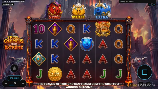 3 Pigs of Olympus with three pig characters (red Sync, yellow Multi, blue Extra) above 6x4 grid showing Greek symbols and card values.