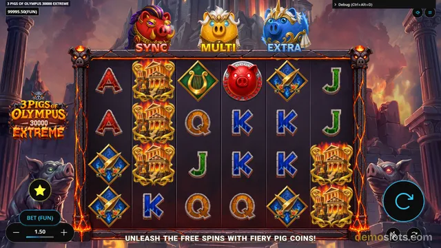 3 Pigs of Olympus returning to clear 6x4 grid displaying pots, shields, cards, and Greek symbols after spin completion.