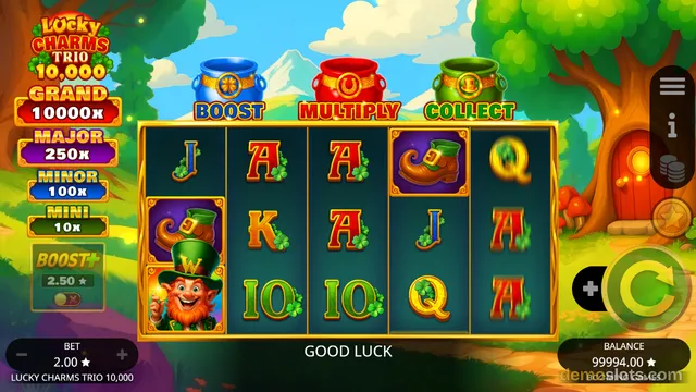 A 5x3 slot game grid titled Lucky Charms Trio 10,000 shows a leprechaun, a boot, and card letters A, K, Q, J, and 10 on a green background, with three pots labeled Boost, Multiply, and Collect above the reels.