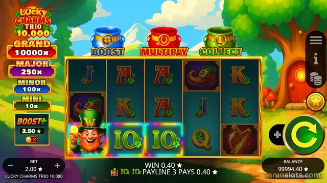 Lucky Charms Trio 10,000 slot game showing a 5x4 reel grid with a winning payline of three 10 symbols, with a leprechaun character on the bottom-left reel and three colored pots above the reels labeled BOOST, MULTIPLY, and COLLECT.