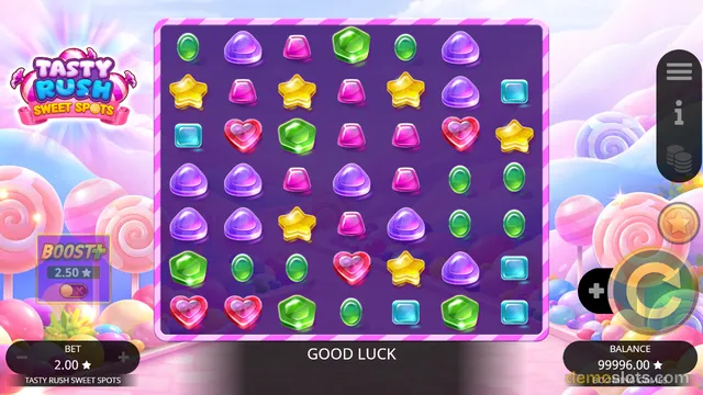 A 6x6 grid of candy-themed symbols is displayed in the center, with the game title Tasty Rush Sweet Spots in the top left and bet and balance displays at the bottom.