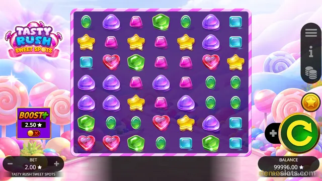 A candy-themed slot game grid with various colorful gem and candy symbols sits in the center, flanked by a logo on the left, bet controls, and a balance display at the bottom.