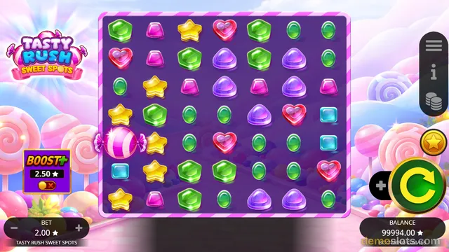 A candy-themed slot game grid with colorful jewel-like symbols is displayed, with game title Tasty Rush Sweet Spots in the top left and bet and balance controls at the bottom.