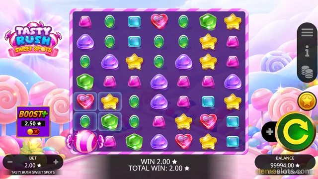 A candy-themed slot game grid with various colorful symbols and a win of 2.00 displayed.
